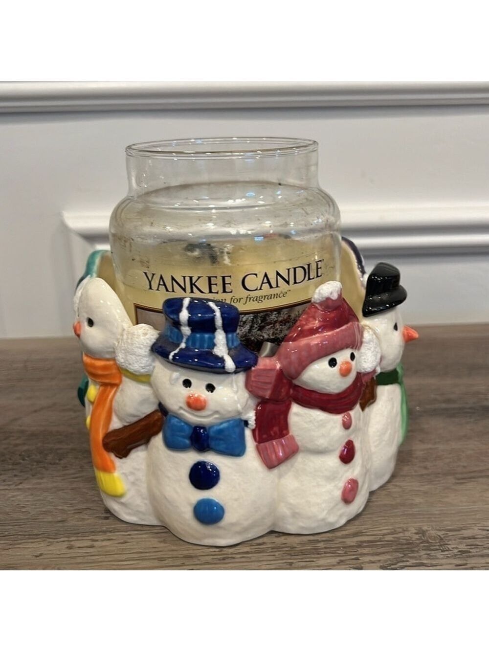 Yankee Candle Frosted Wreath Retired Candle with Holiday Snowmen Candle Holder
